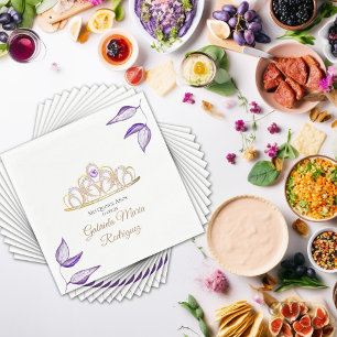Elegant Purple Foliage and Tiara Quinceañera Napkin