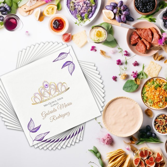 Elegant Purple Foliage and Tiara Quinceañera  Napkin (Creator Uploaded)