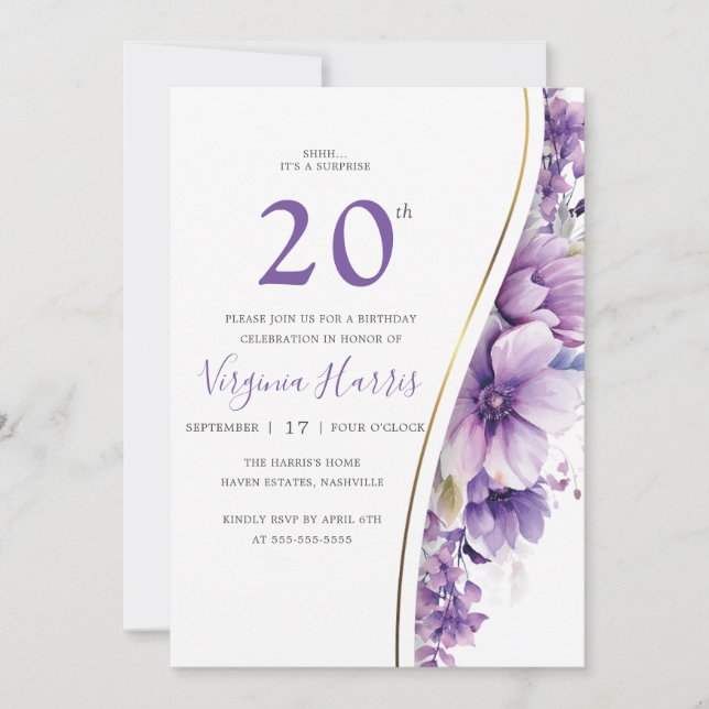 Elegant Purple Foliage Twenty 20th Birthday Invitation (Front)