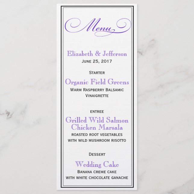 Elegant Purple Formal Script Wedding Menu Card (Front)