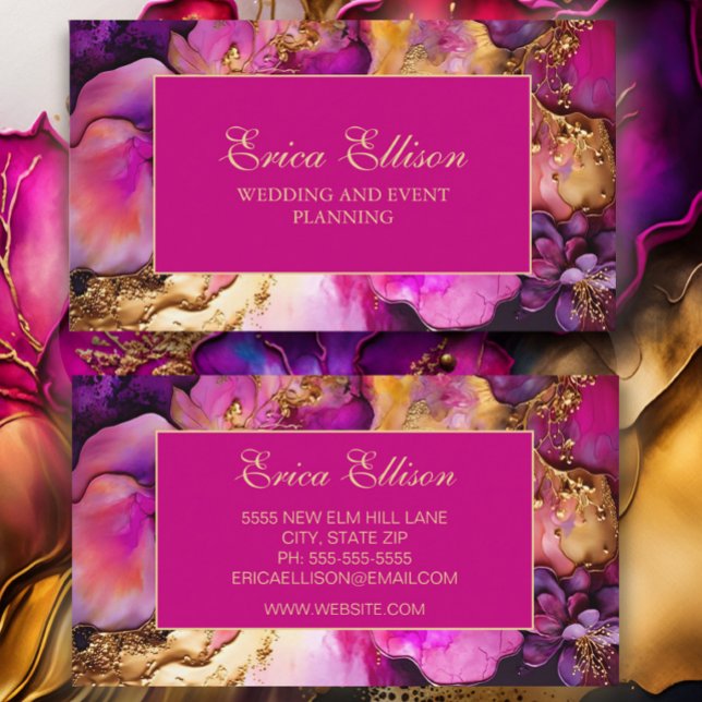 Elegant Purple Fuchsia Gold Floral Wedding Planner Business Card (Creator Uploaded)