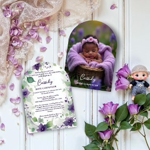 Elegant Purple Garland Floral Photo Baptism Baby Invitation