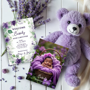 Elegant Purple Garland Flowers Photo Birth Baby Announcement