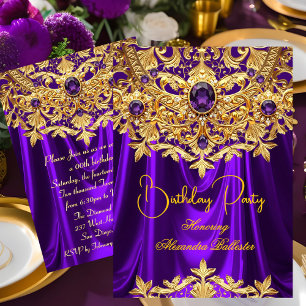Elegant Purple gems Gold Lace Damask Birthday Invitation