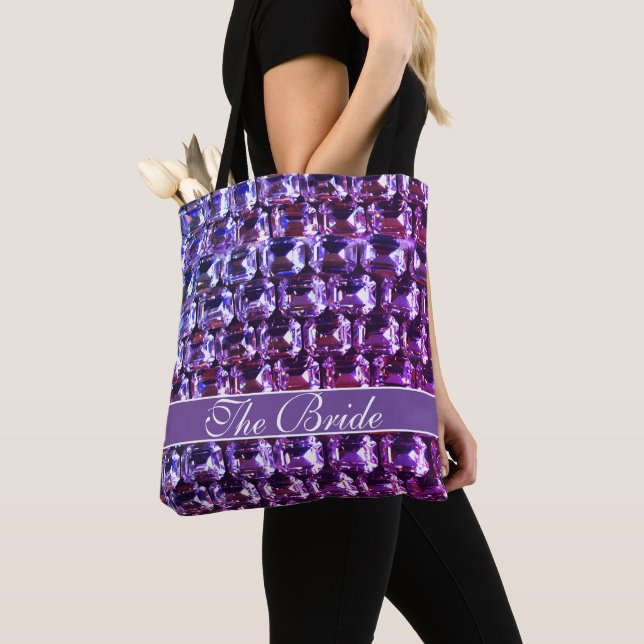 Elegant purple gemstones diamonds calligraphy tote bag (Close Up)
