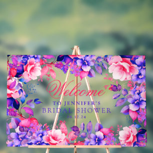 Elegant Purple Glam Floral Bridal Shower Welcome  Acrylic Sign