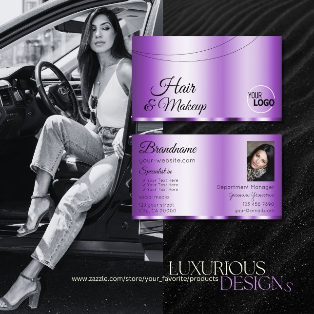 Elegant Purple Glamourous with Logo and Photo Chic Business Card (Creator Uploaded)