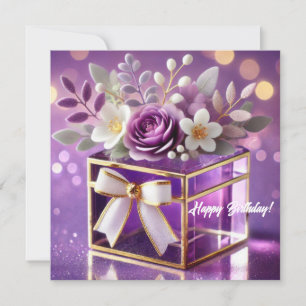 Elegant purple glass floral gift gold chiffon bow holiday card