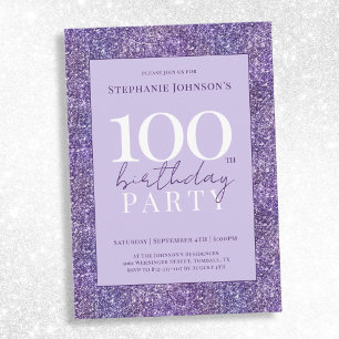 Elegant Purple Glitter 100th Birthday Party Invitation