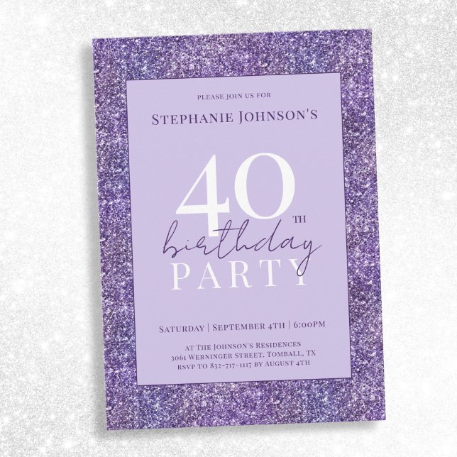 Elegant Purple Glitter 40th Birthday Party Invitation (Elegant Purple Glitter 40th Birthday Party Invitation)