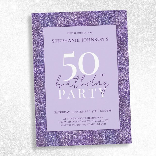 Elegant Purple Glitter 50th Birthday Party Invitation (Elegant Purple Glitter 50th Birthday Party Invitation)