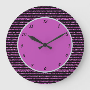 Elegant Purple Glitter Black Stripe Glam Sparkle L Large Clock