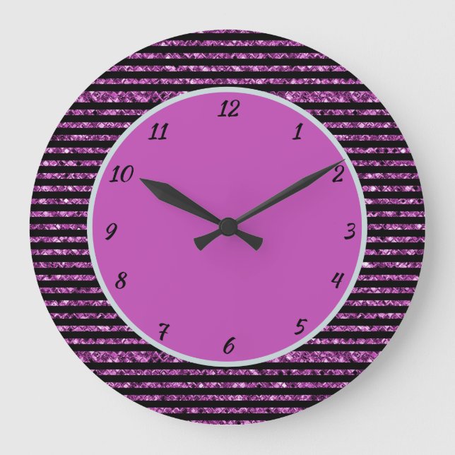 Elegant Purple Glitter Black Stripe Glam Sparkle L Large Clock (Front)