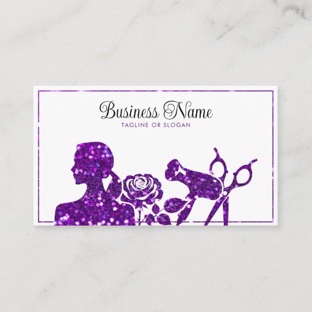Elegant Purple Glitter Floral Hairdresser Appointment Card (Front)