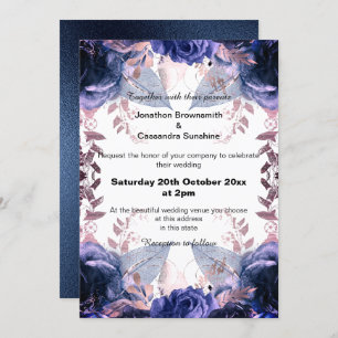 ELEGANT PURPLE GLITTER FLORAL NAVY WEDDING INVITATION