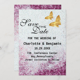 Elegant Purple Glitter  & Gold Butterfly Save The Date