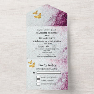 Elegant Purple Glitter & Gold Butterfly Wedding All In One Invitation