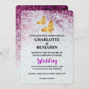 Elegant Purple Glitter & Gold Butterfly Wedding In Invitation
