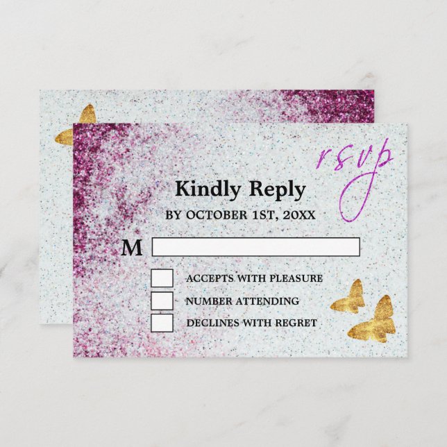 Elegant Purple Glitter & Gold Butterfly Wedding RSVP Card (Front/Back)