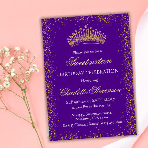 Elegant Purple Glitter Gold Crown Sweet 16Birthday Invitation