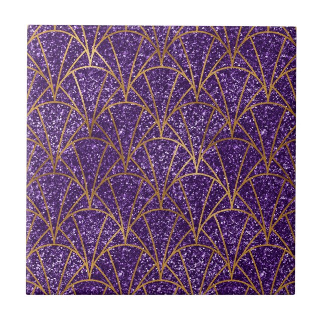 Elegant Purple Glitter Gold Geometric Design Ceramic Tile (Front)