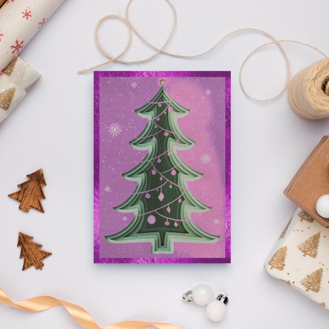 Elegant Purple Glitter Papercut Christmas Tree Holiday Card (Front)