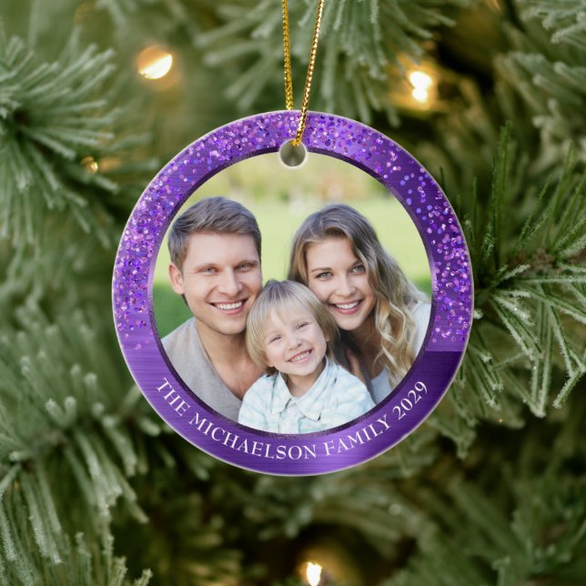 Elegant Purple Glitter Photo Metallic Christmas Ceramic Ornament (Tree)
