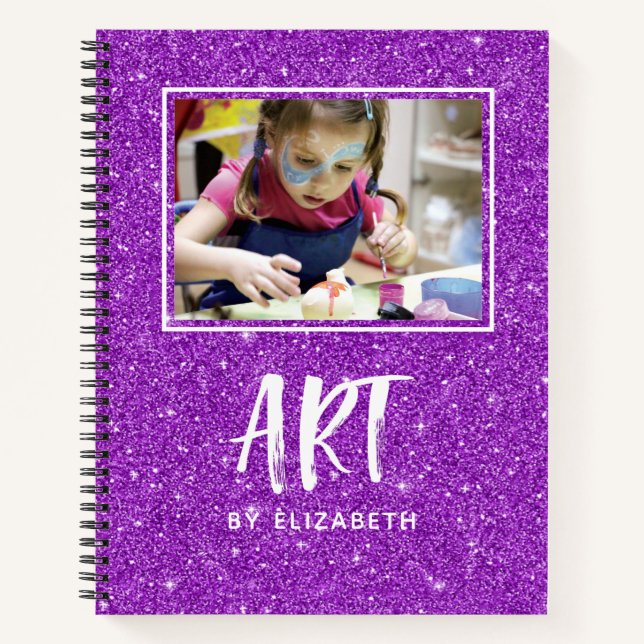 Elegant Purple Glitter Photo Sketchbook With Name Notebook (Front)