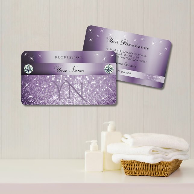 Elegant Purple Glitter Sparkling Stars Monogram Business Card (Creator Uploaded)