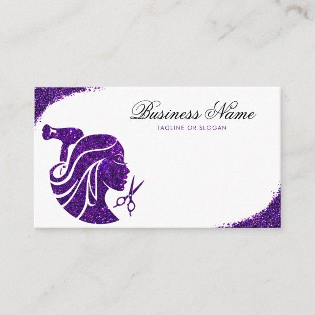 Elegant Purple Glitter Woman Hairdresser Appointment Card (Front)