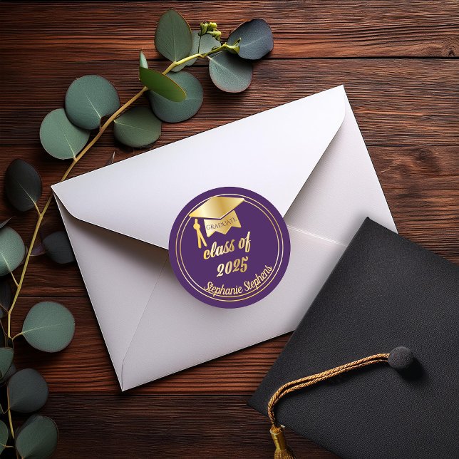 Elegant Purple | Gold 2026 Graduate Cap Graduation Classic Round Sticker (Elegant Purple and Gold Tone Grad Cap Graduation Class of 2025 Classic Round Stickers)