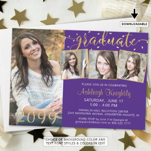 Elegant Purple Gold 4 Photo Confetti Graduate Invitation