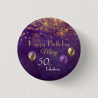 Elegant Purple Gold 50 Fabulous Happy Birthday 3 Cm Round Badge