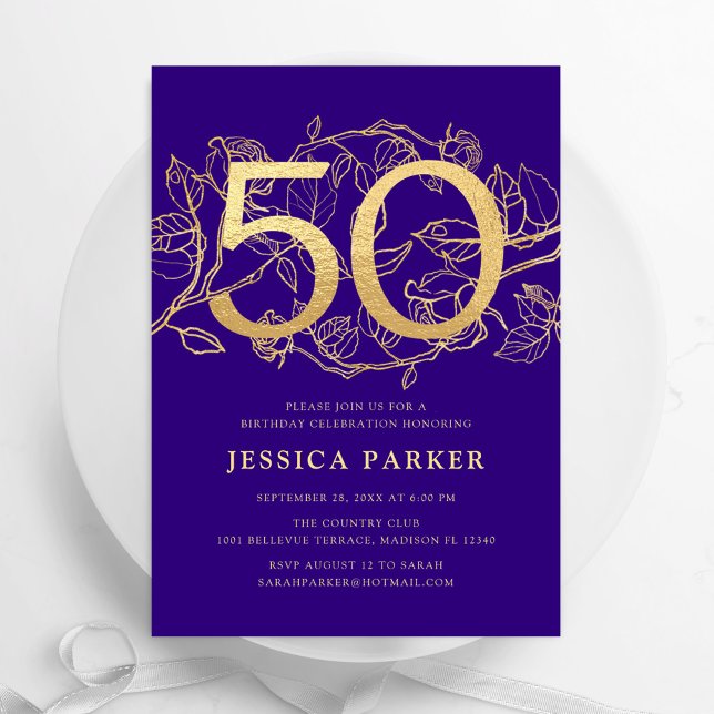 Elegant Purple Gold 50th Birthday Invitation (Creator Uploaded)