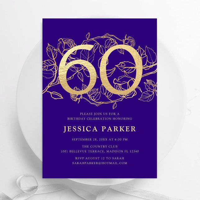 Elegant Purple Gold 60th Birthday Invitation (Creator Uploaded)