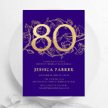 Elegant Purple Gold 80th Birthday Invitation<br><div class="desc">Elegant purple gold 80th birthday party invitation. Customisable modern feminine design featuring roses botanical accents and faux glitter gold. Simple floral invite card perfect for a stylish female bday celebration. Personalise with your own details. Printed Zazzle invitations or instant download digital printable template.</div>