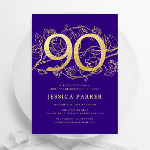 Elegant Purple Gold 90th Birthday Invitation