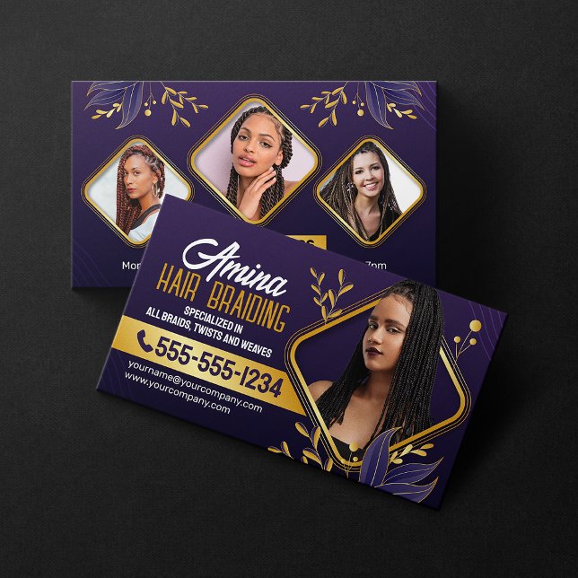 Elegant Purple & Gold African Hair Braiding Photo Business Card (Creator Uploaded)
