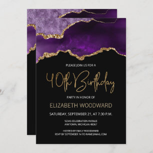 Elegant Purple Gold Agate 40th Birthday Invitation