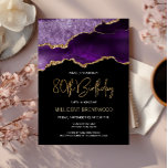 Elegant Purple Gold Agate 80th Birthday Invitation<br><div class="desc">This trendy 80th birthday invitation features a watercolor image of an agate geode in shades of purple with faux gold highlights. The words "80th Birthday" appear in faux gold glitter in decorative modern handwriting font. Customise it with the name of the honoree in gold coloured text and the details in...</div>