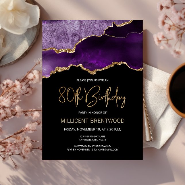 Elegant Purple Gold Agate 80th Birthday Invitation (Creator Uploaded)
