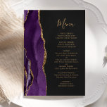 Elegant Purple Gold Agate Dark Wedding Menu<br><div class="desc">The left-hand edge of this elegant modern wedding menu features a purple watercolor agate border trimmed with faux gold glitter. The customisable text combines gold-coloured handwriting script and copperplate fonts on a slate black background. The reverse side features a matching purple and gold agate design.</div>