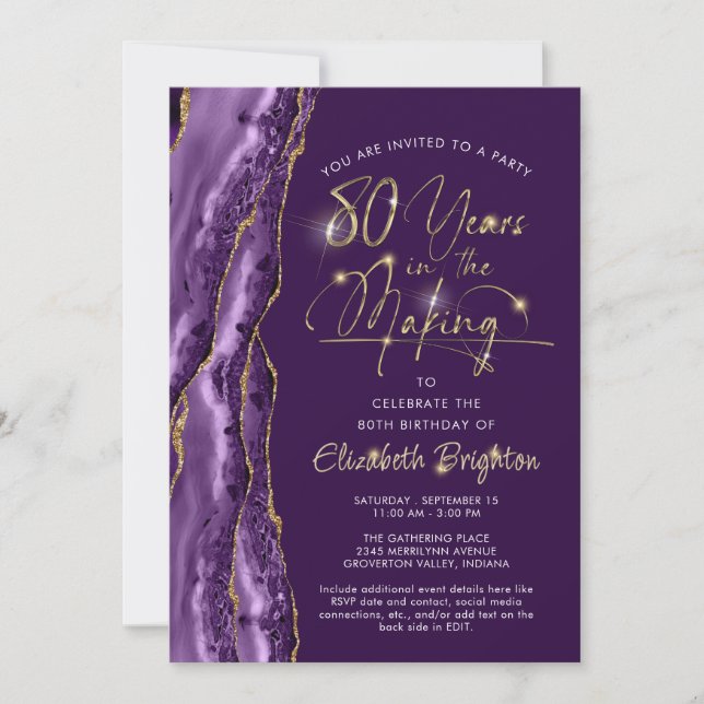 Elegant Purple Gold Agate Script 80th Birthday Invitation (Front)