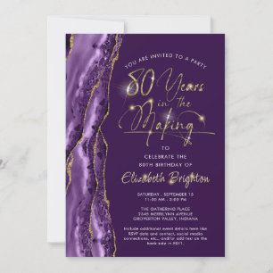 Elegant Purple Gold Agate Script 80th Birthday Invitation