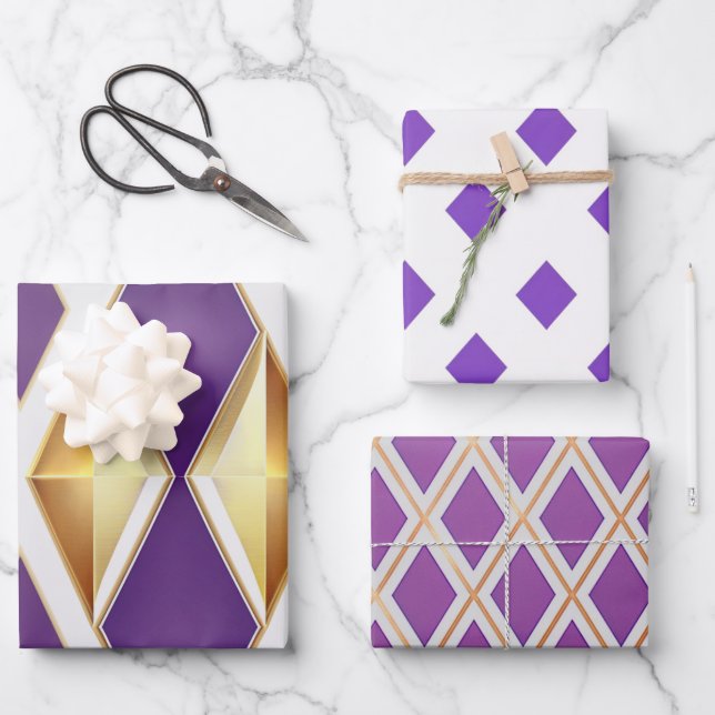 Elegant Purple Gold and White Mixed Pattern Wrapping Paper Sheet (Front)