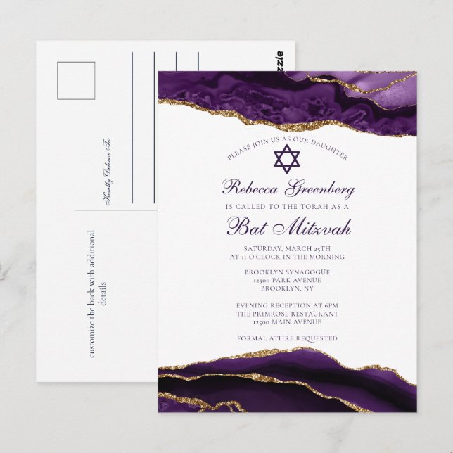 Elegant Purple Gold Bat Mitzvah Party Invitation Postcard (Front/Back)