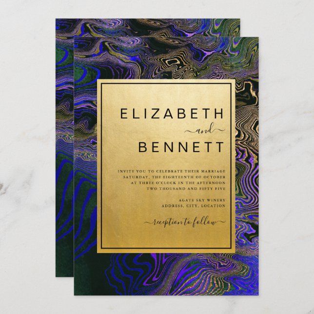 Elegant Purple Gold Black Agate Marble Wedding Invitation (Front/Back)