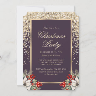 Elegant Purple Gold Botanical Christmas Party Invitation