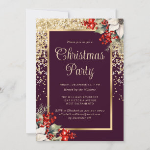 Elegant Purple Gold Botanical Christmas Party Invitation