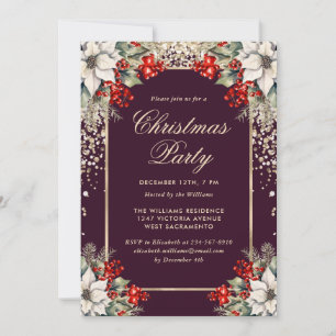 Elegant Purple Gold Botanical Christmas Party Invitation